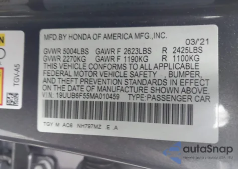 2021 Acura Tlx A-Spec Package из США, поврежденный, VIN 19UUB6F55MA010459